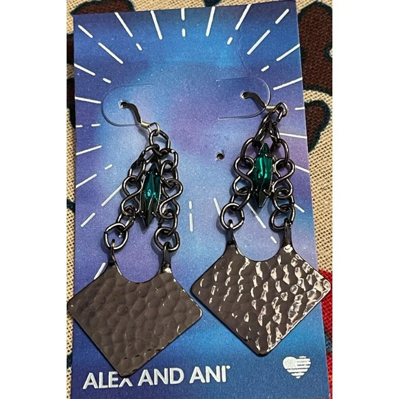 Alex and Ani Aurora Blaze Hammered Gunmetal Green Marquise Stone Drop Earrings - Picture 2 of 4